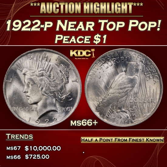1922-p Peace Dollar Near Top Pop! $1 ms66+ SEGS