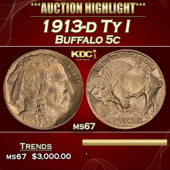 1913-d Ty I Buffalo Nickel 5c ms67 SEGS