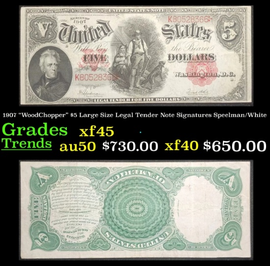 1907 $5 Large Size Legal Tender Note "WoodChopper" Grades xf+ Signatures Speelman/White