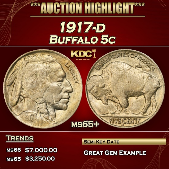 1917-d Buffalo Nickel 5c ms65+ SEGS