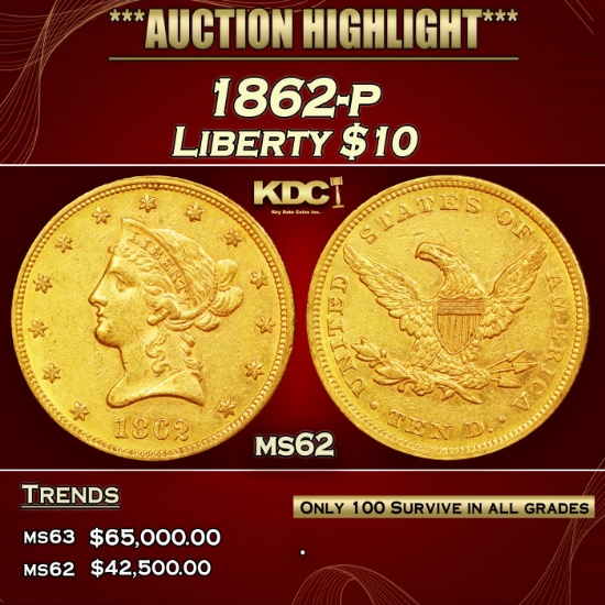 1862-p Gold Liberty Eagle $10 ms62 SEGS