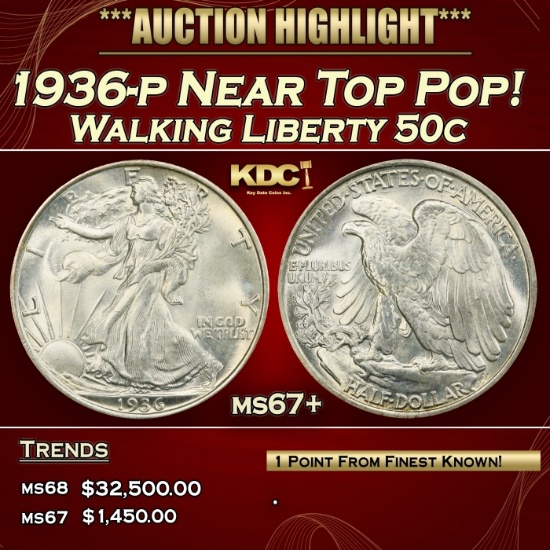 1936-p Walking Liberty Half Dollar Near Top Pop! 50c ms67+ SEGS