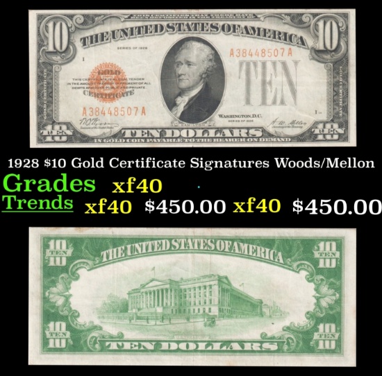 1928 $10 Gold Certificate Signatures Woods/Mellon Grades xf