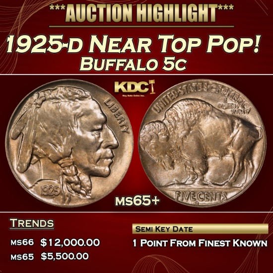 1925-d Buffalo Nickel Near Top Pop! 5c ms65+ SEGS