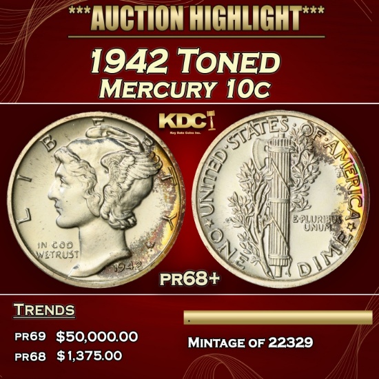 1942 Proof Mercury Dime Toned 10c pr68+ SEGS