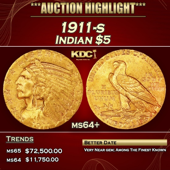 1911-s Gold Indian Half Eagle $5 Choice+ Unc USCG