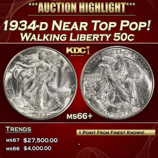 1934-d Walking Liberty Half Dollar Near Top Pop! 50c ms66+ SEGS