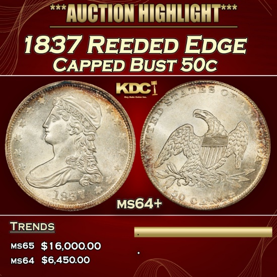 1837 Reeded Edge Capped Bust Half Dollar 50c ms64+ SEGS