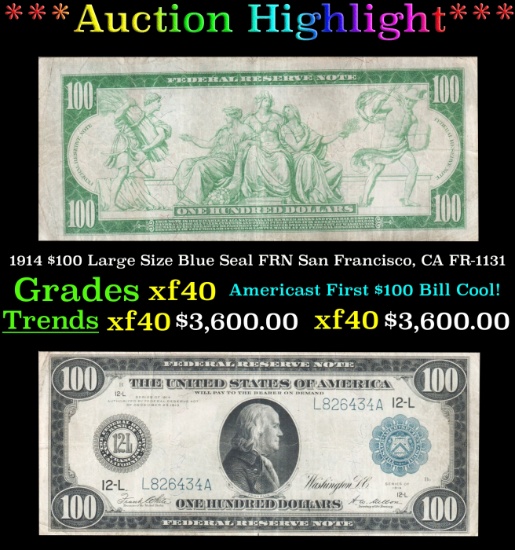 1914 $100 Large Size Blue Seal FRN San Francisco, CA Grades xf FR-1131