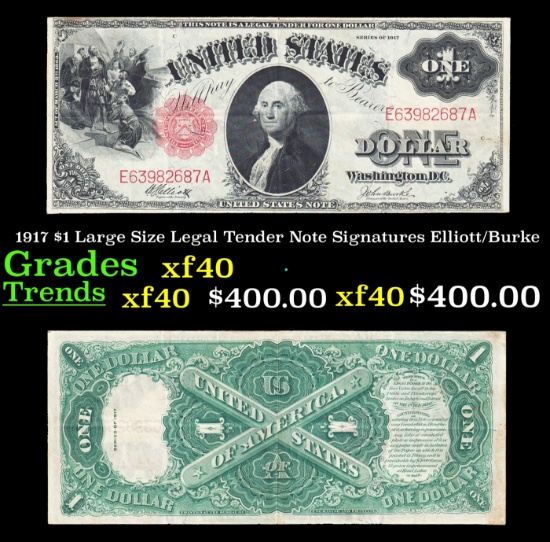 1917 $1 Large Size Legal Tender Note Grades xf Signatures Elliott/Burke