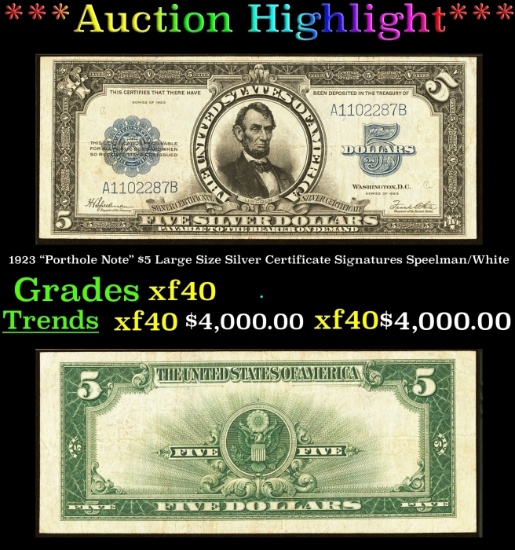 1923 $5 Large Size Silver Certificate "Porthole Note" Grades xf Signatures Speelman/White