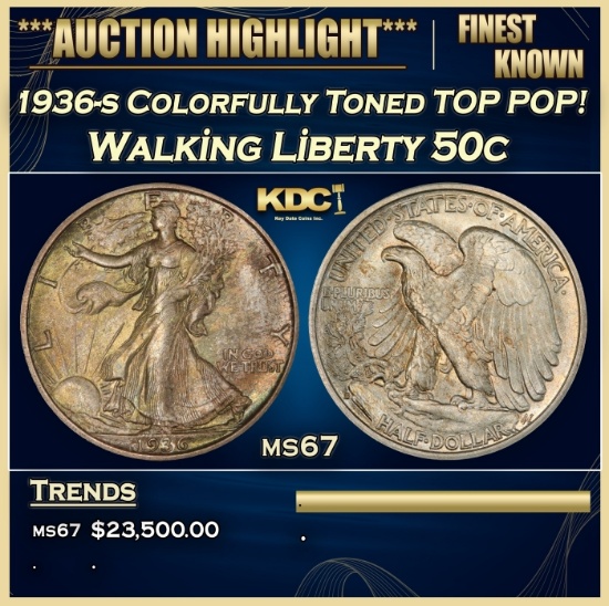 1936-s Walking Liberty Half Dollar Colorfully Toned TOP POP! 50c ms67 SEGS