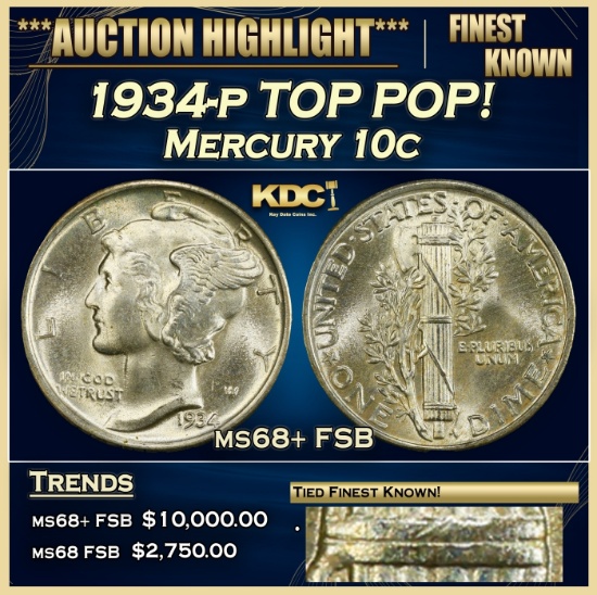 1934-p Mercury Dime TOP POP! 10c ms68+ FSB SEGS