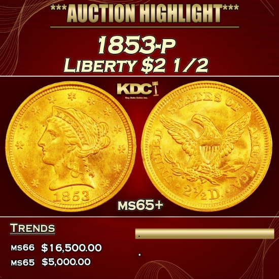 1853-p Gold Liberty Quarter Eagle $2 1/2 ms65+ SEGS