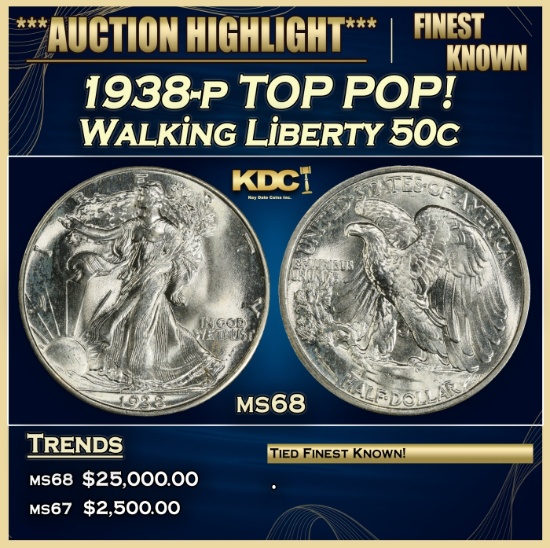 1938-p Walking Liberty Half Dollar TOP POP! 50c ms68 SEGS