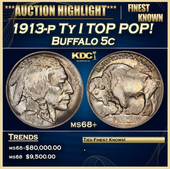 1913-p Ty I Buffalo Nickel TOP POP! 5c ms68+ SEGS