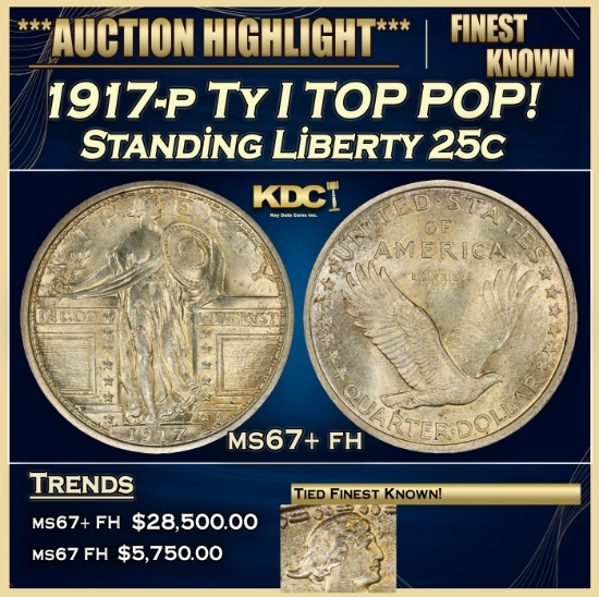 1917-p Ty I Standing Liberty Quarter TOP POP! 25c ms67+ fh SEGS