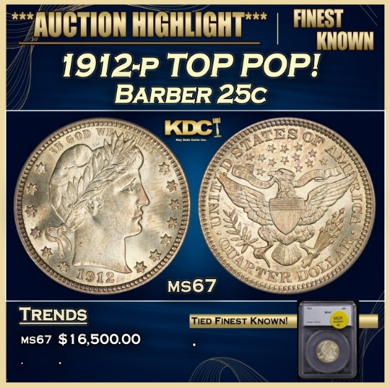 1912-p Barber Quarter TOP POP! 25c ms67 SEGS