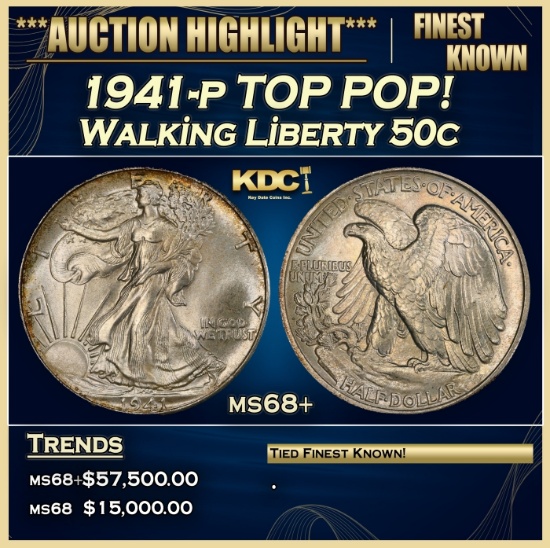 1941-p Walking Liberty Half Dollar TOP POP! 50c ms68+ SEGS