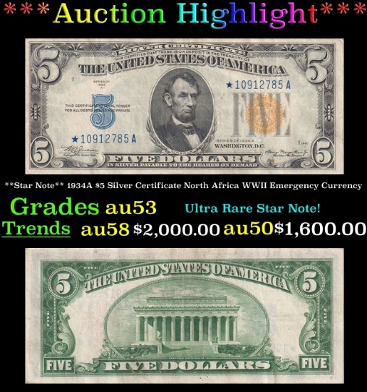 **Star Note** 1934A $5 Silver Certificate North Africa WWII Emergency Currency Grades Select AU