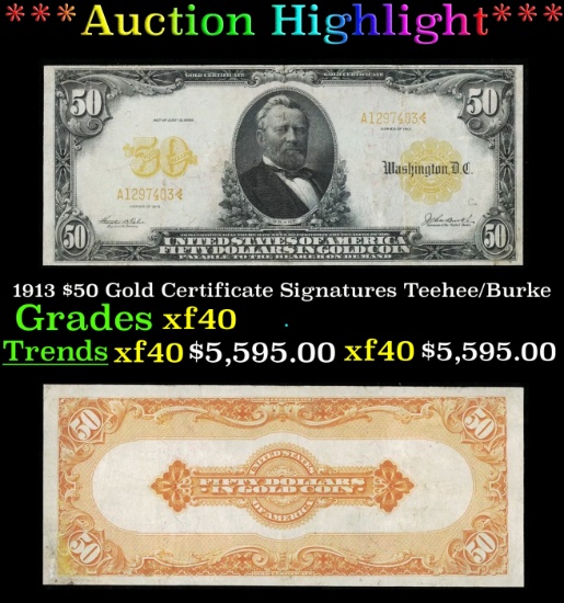 1913 $50 Gold Certificate Grades xf Signatures Teehee/Burke