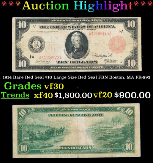 1914 $10 Large Size Red Seal FRN Rare Red Seal Boston, MA Grades vf++ FR-892