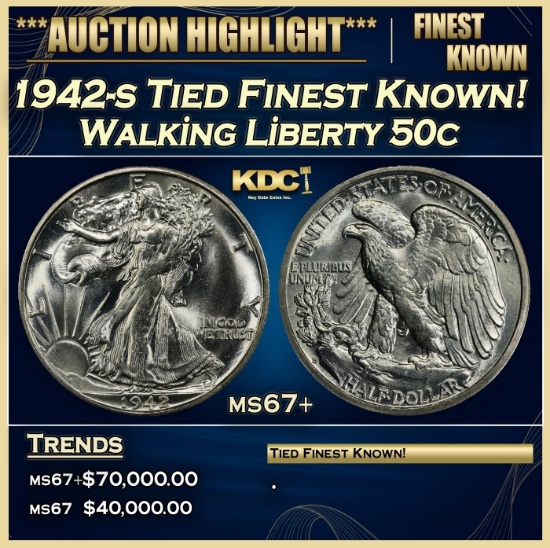 1942-s Walking Liberty Half Dollar Tied Finest Known! 50c ms67+ SEGS