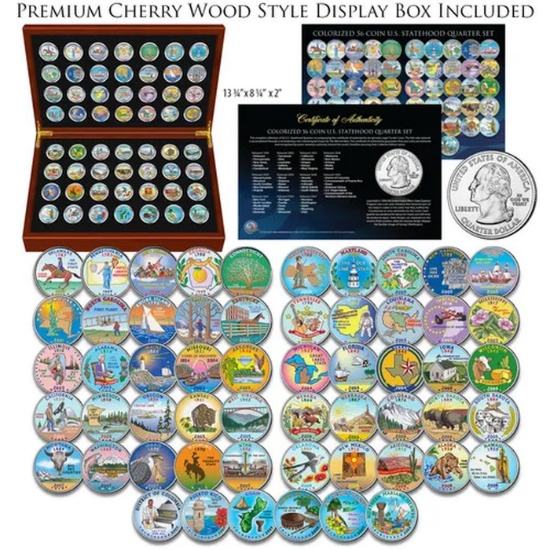 Complete 1999-2009 COLORIZED State Quarters 56-Coin Set in Cherry Wood Style Box
