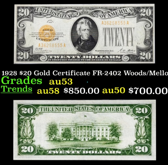 1928 $20 Gold Certificate FR-2402 Woods/Mellon Grades Select AU