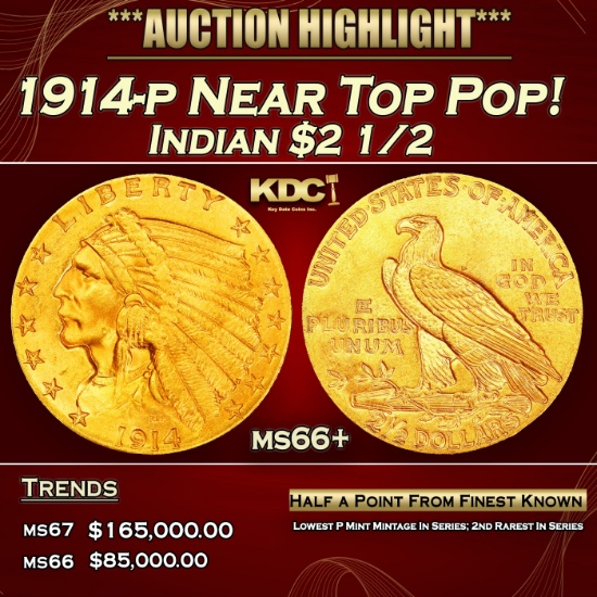 1914-p Gold Indian Quarter Eagle Near Top Pop! $2 1/2 GEM++ Unc USCG