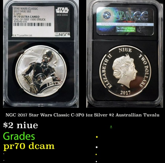 NGC NGC 2017 Star Wars Classic C-3P0 1oz Silver $2 Australlian Tuvalu Proof pr70 dcam NGC