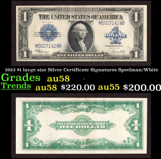 1923 $1 large size Silver Certificate Grades Choice AU/BU Slider Signatures Speelman/White