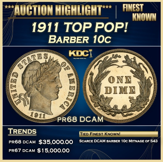 1911 Proof Barber Dime TOP POP! 10c pr68 DCAM SEGS
