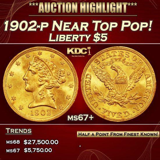1902-p Gold Liberty Half Eagle Near Top Pop! $5 ms67+ SEGS