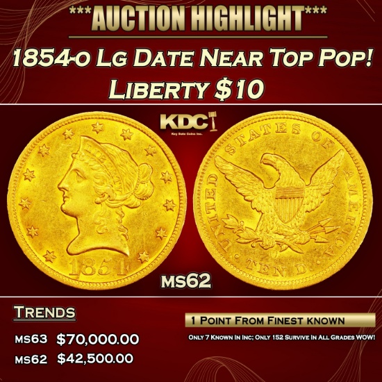 1854-o Lg Date Gold Liberty Eagle Near Top Pop! $10 ms62 SEGS