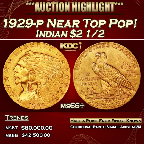 1929-p Gold Indian Quarter Eagle Near Top Pop! $2 1/2 GEM++ Unc USCG