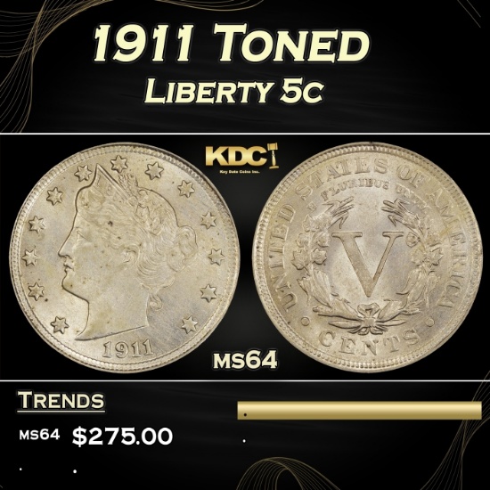 1911 Liberty Nickel Toned 5c Grades Choice Unc