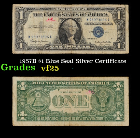 1957B $1 Blue Seal Silver Certificate Grades vf+