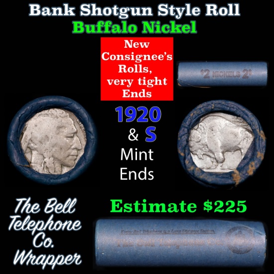 Buffalo Nickel Shotgun Roll in Old Bank Style 'Bell Telephone' Wrapper 1920 & s Mint Ends
