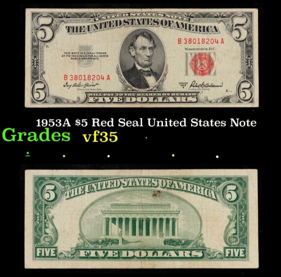1953A $5 Red Seal United States Note Grades vf++