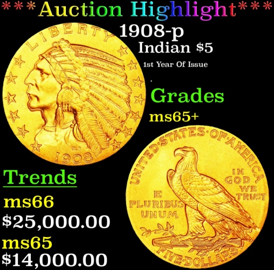 *Highlight* 1908-p Gold Indian Half Eagle $5 GEM+ Unc USCG (fc)
