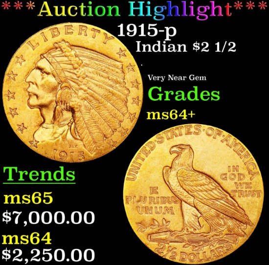 *Highlight* 1915-p Gold Indian Quarter Eagle $2 1/2 ms64+ SEGS (fc)