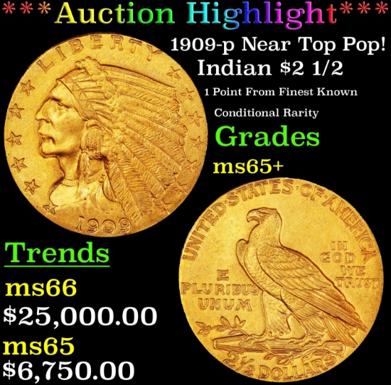 *Highlight* 1909-p Gold Indian Quarter Eagle Near Top Pop! $2 1/2 ms65+ SEGS (fc)