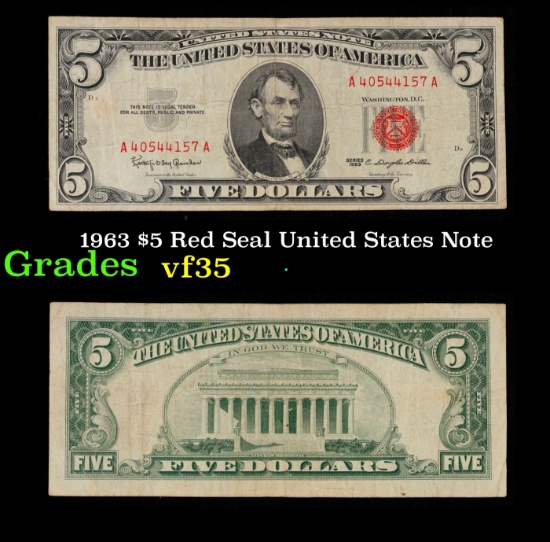 1963 $5 Red Seal United States Note Grades vf++