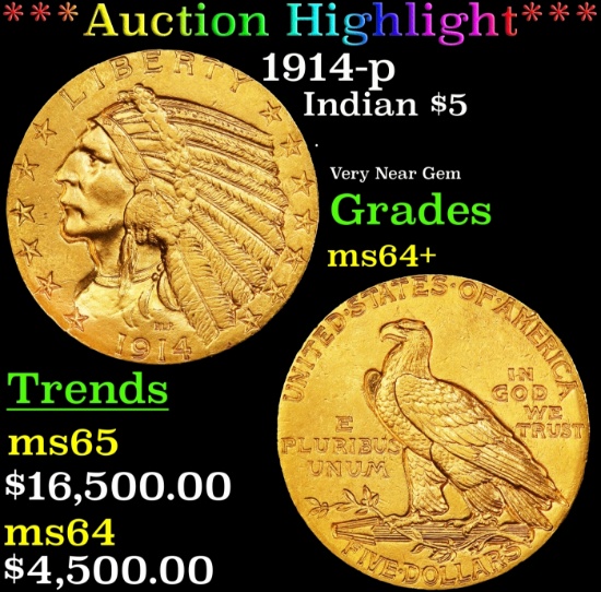 *Highlight* 1914-p Gold Indian Half Eagle $5 Choice+ Unc USCG (fc)