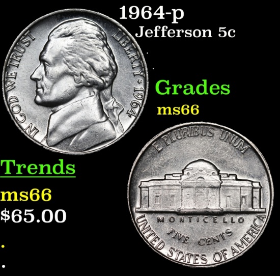 1964-p Jefferson Nickel 5c Grades GEM+ Unc