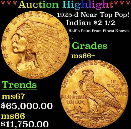 *Highlight* 1925-d Gold Indian Quarter Eagle Near Top Pop! $2 1/2 GEM++ Unc USCG (fc)