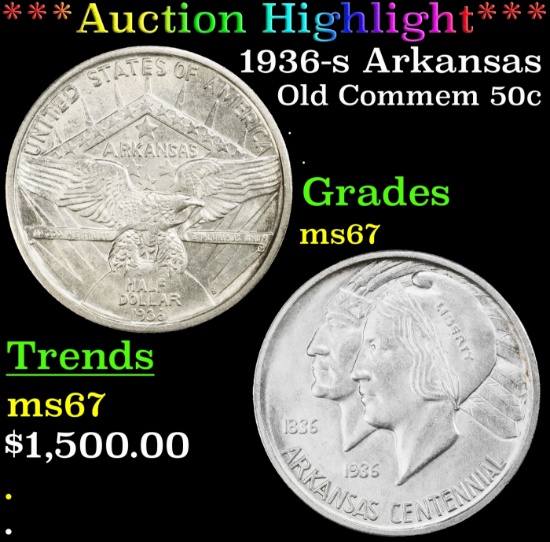 *Highlight* 1936-s Arkansas Old Commem Half Dollar 50c ms67 SEGS (fc)