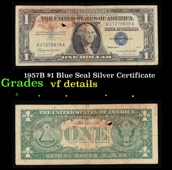 1957B $1 Blue Seal Silver Certificate Grades vf details