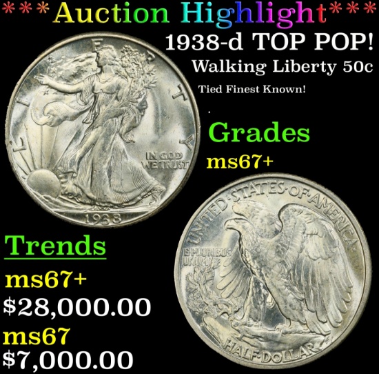 *Highlight* 1938-d Walking Liberty Half Dollar TOP POP! 50c ms67+ SEGS (fc)